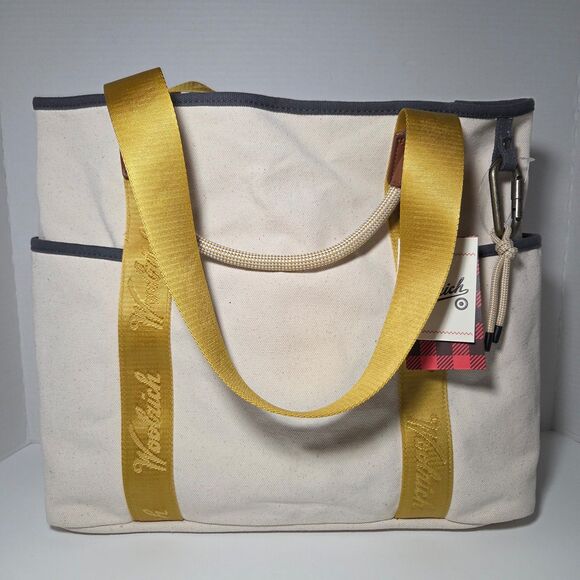 NWT Woolrich x Target Large Canvas Tote Bag Yellow Branded Webbing Carabiner - Picture 4 of 10